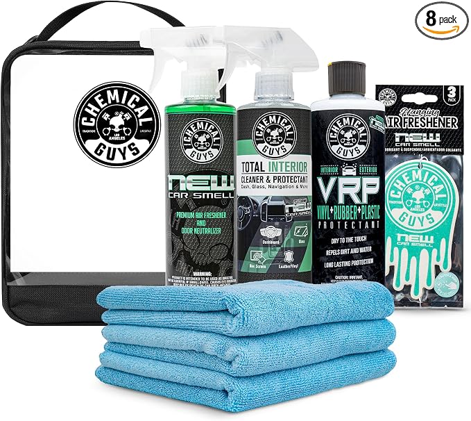 New Car Scent Detailing Kit with Storage Bag, Air Freshener Spray, Interior Cleaner, Microfiber Towels, and Hanging Air Fresheners, Giftable Car Care Set