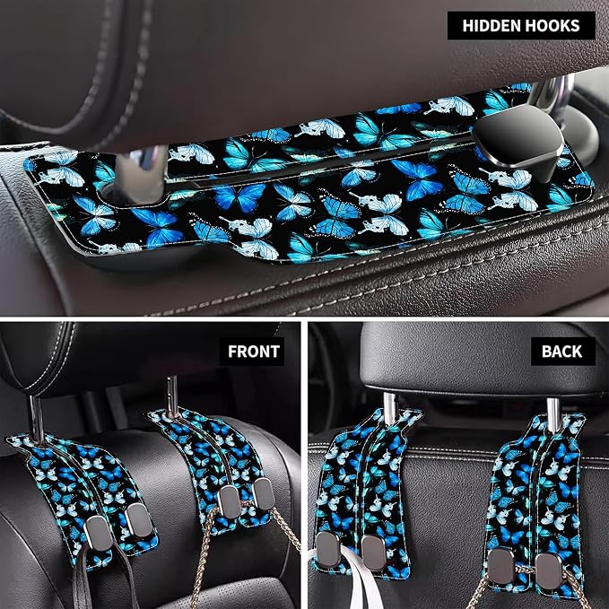 Purse Hook for Car Watercolor Blue Butterflies 1 Pack Headrest Back Seat Hook Premium Leather Double Metal Hanger Storage Pack Bag Purse Holder Car Interior Accessories