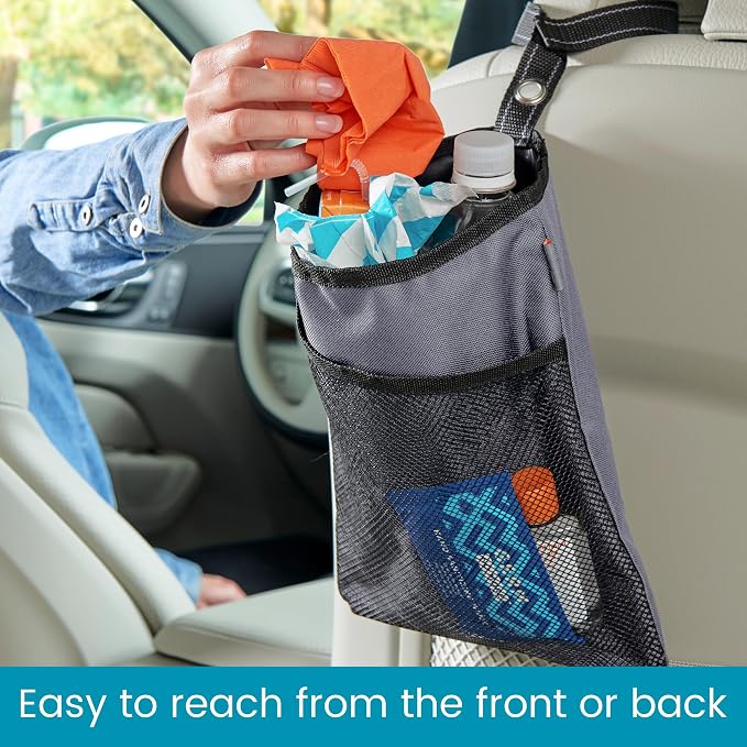 TrimTrash Hanging Car Garbage Bag - Slim and Leakproof Car Trash Bag with Magnetic Closure and Storage Pocket - Attaches to Seat, Glovebox or Console
