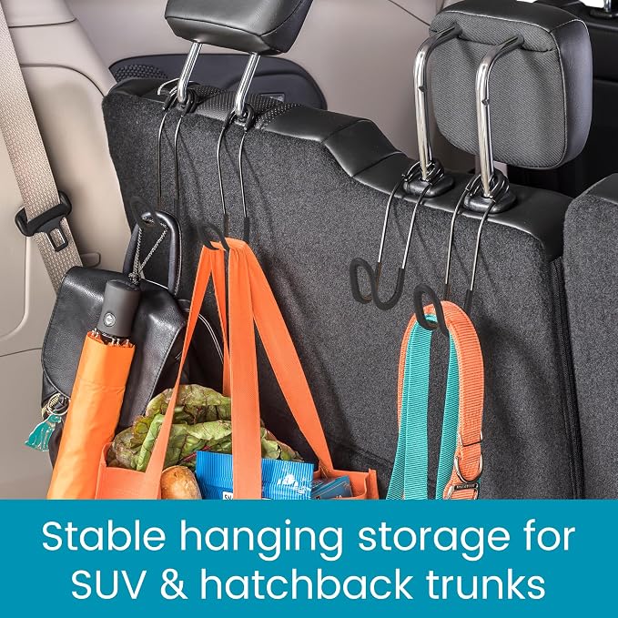 Car Hooks for Purses and Bags with Leather Trim - Unbreakable Car Seat Hooks for Large Purse Straps and Heavy Bags up to 40 lbs - Secure Attachment Loops Fit All Headrest Posts, 2-Pack