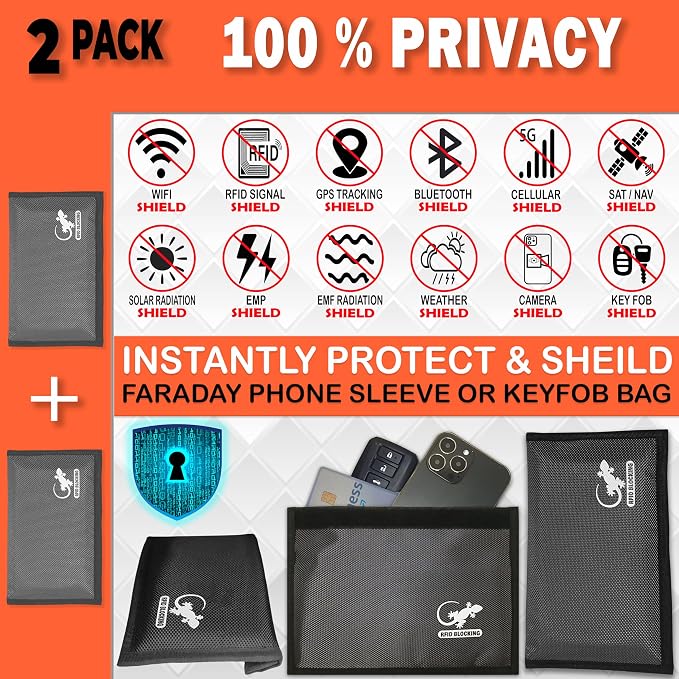 Two Faraday Bags Anti-Tracking GPS RFID Signal Blocker Wallet Shielding Pouches (x2) Protective Cases for Cell Phone Car Key FOB, Data Privacy, Electronic Device Security (2 PACK - POCKET GRAY)