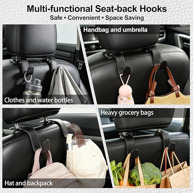 Car Seat Headrest Hook, Universal Vehicle Storage Hanger, Leather with Metal Car Seat Back Organizer for Handbag, Purse, Coat, Ergonomic Design, Black 4 Pack