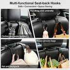 Car Seat Headrest Hook, Universal Vehicle Storage Hanger, Leather with Metal Car Seat Back Organizer for Handbag, Purse, Coat, Ergonomic Design, Black 2 Pack