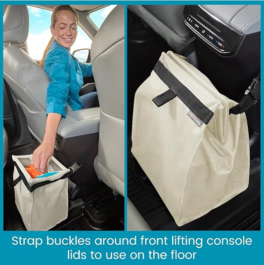 TrashStash Hanging Car Garbage Bag with Push-Close Lid and Waterproof Bin for Cars, SUVs and Trucks - Holds 3 Gallons of Car Trash, Tan