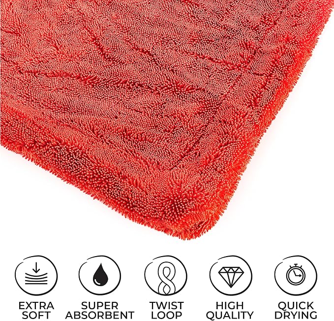 The 1500 - Heavy Duty Car Drying Towel; Perfect for Trucks, Commercial Vehicles, RVs, Boats, and More; Premium 70/30 Blend Twist Loop Design, 1500gsm, 30in x 30in, Red