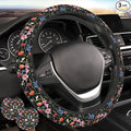Wildflower Car Steering Wheel Cover + 2 Car Flower Cup Coasters | Anti-slip Universal Breathable 14 - 15-In For Women Wildflower Steering Wheel protection