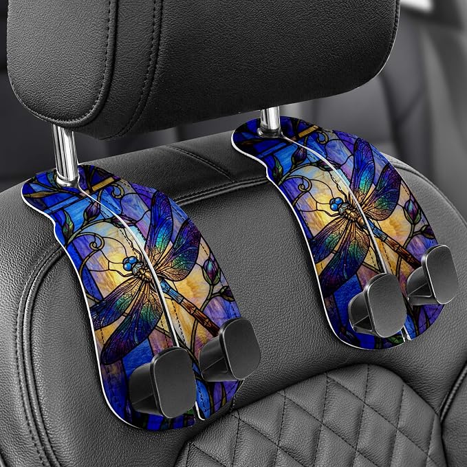 Purse Holder for Car, 2 Pack Heavy Duty Purse Hanger for Car, PU Leather Car Seat Hooks for Purses and Bags, Cute Dragonfly Headrest Organizer for Handbags & Backpacks
