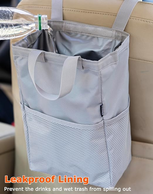 New Leak-Proof Travel Trash Bag, Hanging Car Trash Can with Hook and Loop Lid and Handle, Multipurpose Trash Bin with Storage Pockets for Car SUV Truck RV Camping 2 Gallons (Atomic Silver)
