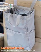 New Leak-Proof Travel Trash Bag, Hanging Car Trash Can with Hook and Loop Lid and Handle, Multipurpose Trash Bin with Storage Pockets for Car SUV Truck RV Camping 2 Gallons (Atomic Silver)