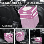 Cute Mini Car Trash Bag with Lid, Glitter Garbage Can Bin Hanging for Back/Front Seat/Console, Waterproof, Leakproof, 2.5 Gallon, Purple Bling Sparkly