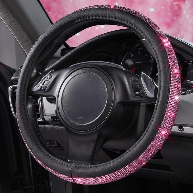 11 PCS Bling Diamond Car Accessories Set for Women, Sparkly Rhinestone Steering Wheel Cover, Bling Seat Belt Cushion, Shift Knob Cover, Push Start Button Ring, Cup Holder Coaster, Black Pink