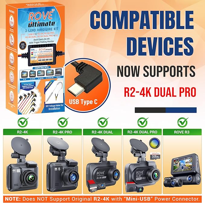 Ultimate Dash Cam Hardwire Kit with USB-C Port for R2-4K, R2-4K PRO, R2-4K Dual, R2-4K Dual PRO, and R3 Dash Camera Models, 24Hr Parking Monitoring Kit with Low Voltage Protection