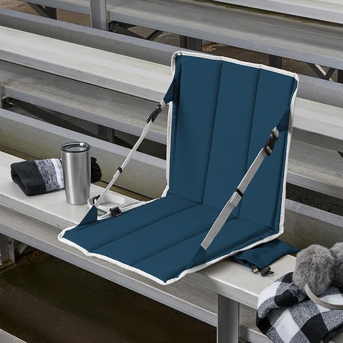 Heated Stadium Seat, Foldable, Lightweight with Carrying Strap, Foam Cushion for Comfort, Adjustable, Back Support, Multi-Functional Use As Stadium Seat or Seat Pad, Navy/White