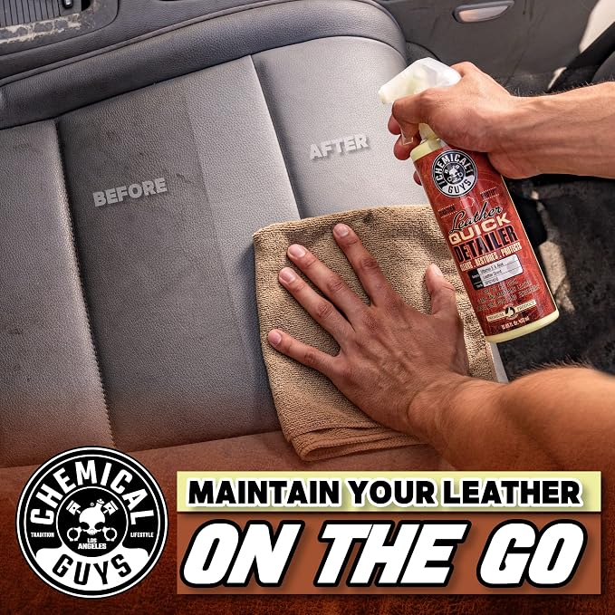 Leather Quick Detailer - Interior Cleaner and Conditioner for Natural, Synthetic, Pleather, and More, Safe for Car Seats, Furniture, Apparel, Shoes & Boots, Leather Scented - 16 fl oz
