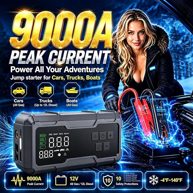 8000A Jump Starter with Air Compressor, Portable Tire Inflator, German-Tech Fast-Charging Power Bank Car Battery Booster for Car Owners Camping, Road Trips, Family Safety & Gift Giving (A3)