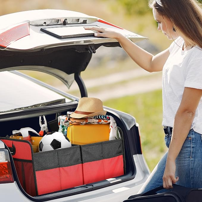 2 Compartments Car Trunk Organizer, 600D Oxford Polyester Car Storage, Anti-slip 14" D x 22" W x 12" H Collapsible Trunk Storage, Suitable for SUV, Minivan, Truck, Red New