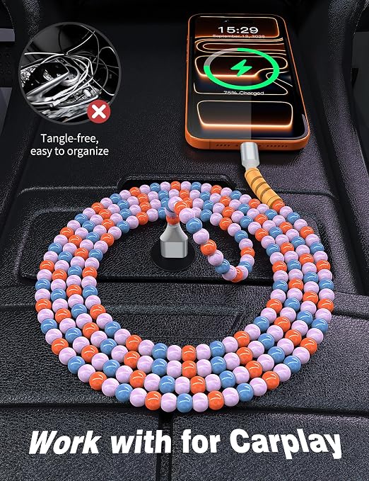 USB A to USB C Cable 3FT,Beaded Charger Cord for iPhone 17 16 Pro Max 17e 15 Car play,Type C Cute Car Charger Cord for iPad 10 11th A16/Samsung S26 S25 S24 S23 FE/Android Phone Girl Women,Blue-Orange