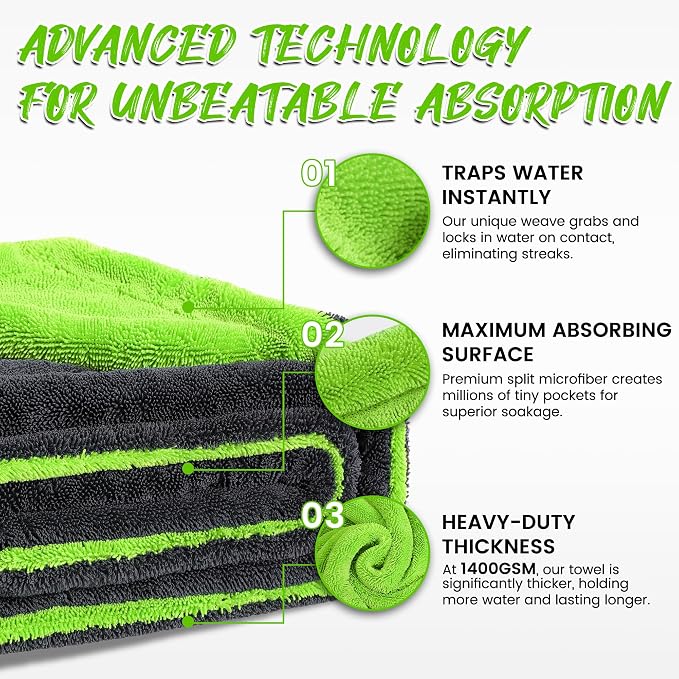 PUGPIU 1400GSM Large Microfiber Car Drying Towel Detailing 24"x36" | XL Super Absorbent Microfiber Towels - Edgeless with Twisted Loop - No Lint Streak for SUV Truck Car Detailing (Green)