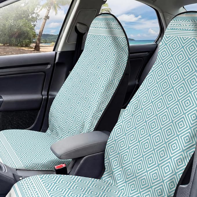 2 Pack Car Seat Towel Covers, Sweat Protector for Front Seats, Premium Thickened Microfiber with Boho Geometric, Breathable & Quick Dry, Slip-on Headrest Pocket for Gym, Beach, Running (Light Blue)