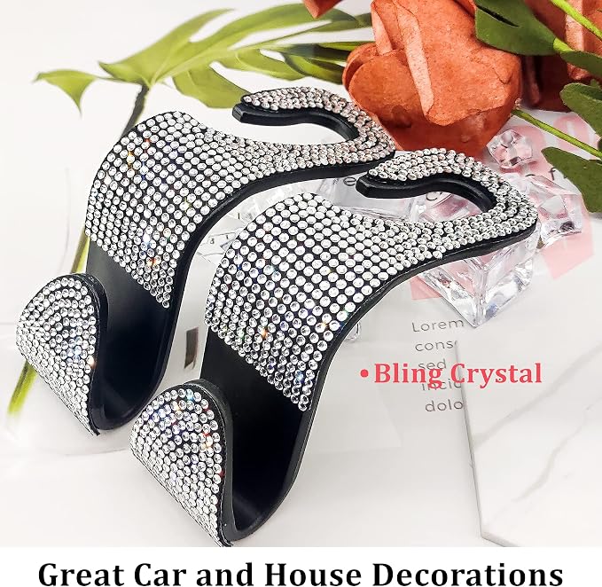 2 Pack Car Hooks, 2021 New Bling Rhinestones Crystal Hooks Car Decorations Auto Seat Back Organizers Strong and Durable Backseat Hanger Storage Universal for SUV Truck Vehicle (Silver)