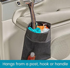 Small Hanging Car Trash Bag with Waterproof Liner, Storage Pocket and Adjustable Strap - Hangs from Handles or Headrest Posts Without Taking Up Legroom