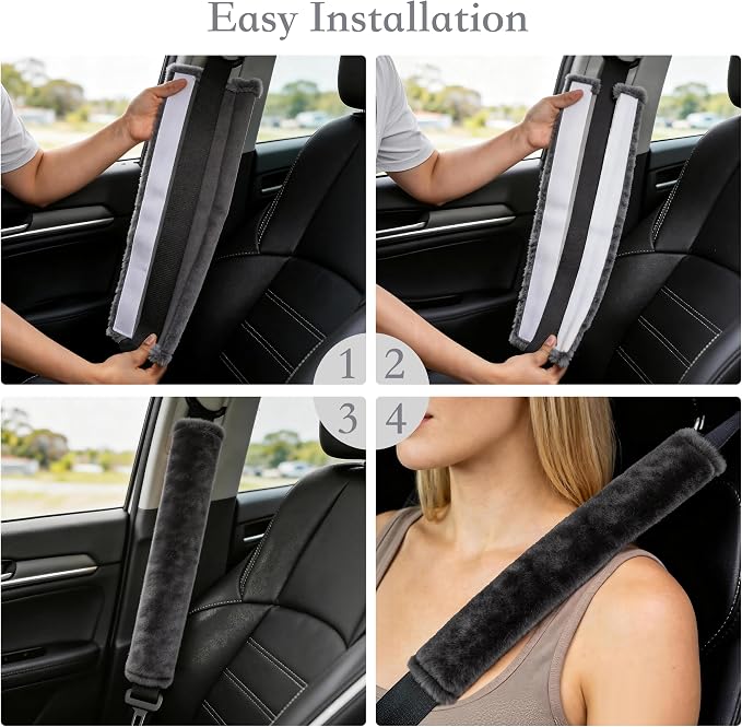Soft Faux Fur Universal Fit Seatbelt Cover Car Truck SUV Airplane Seat Belt Shoulder Pad for Carmera Backpack Straps Neck Cushion Protector Extra Long 15.7in Dark Gray