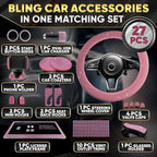 Pink Car Accessories Set, 27 Pieces – Bling Car Accessories for Interior Styling with Rhinestone Details for Daily Use, Universal Fit Kit for Steering Wheel, Vents, Mirror Area, Great Gift for Women