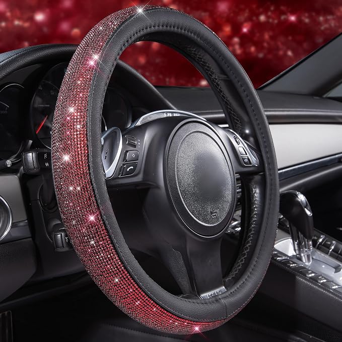 11 PCS Bling Diamond Car Mats Set for Women Girls, Sparkly Rhinestone Steering Wheel Cover, Waterproof Floor Mats Universal Fit for SUV,Vans,Sedans,Trucks Anti-Slip, Interior Sets Black Red