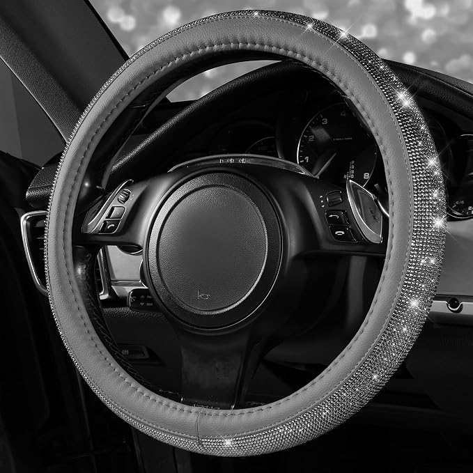 Bling Diamond Leather Steering Wheel Cover, with Bling Sparkly Crystal Glitter Rhinestones Universal Fit 14" 1/2-15" Car Wheel Protector for Women Girl Fit Suvs,Vans,Sedans,Cars,Trucks, Gray