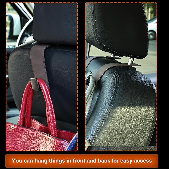 Car Seat Back Hook Metal with Suede Universal Vehicle Headrest Hangers Interior Storage Organizer for Purse Handbag Coat Grocery Bags 2 Pack Coffee