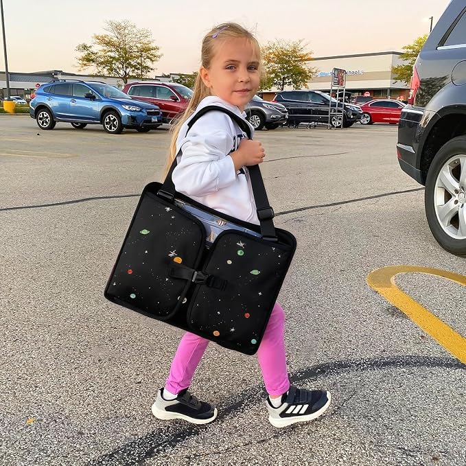 MENZOKЕ Kids Travel Tray, Road Trip Activities for Kids Toddlers | Toddler Car Activities with No-Drop iPad Holder Stand, Roadtrip Essentials with Dry Erase Board & Cooler Cup Holder, Black