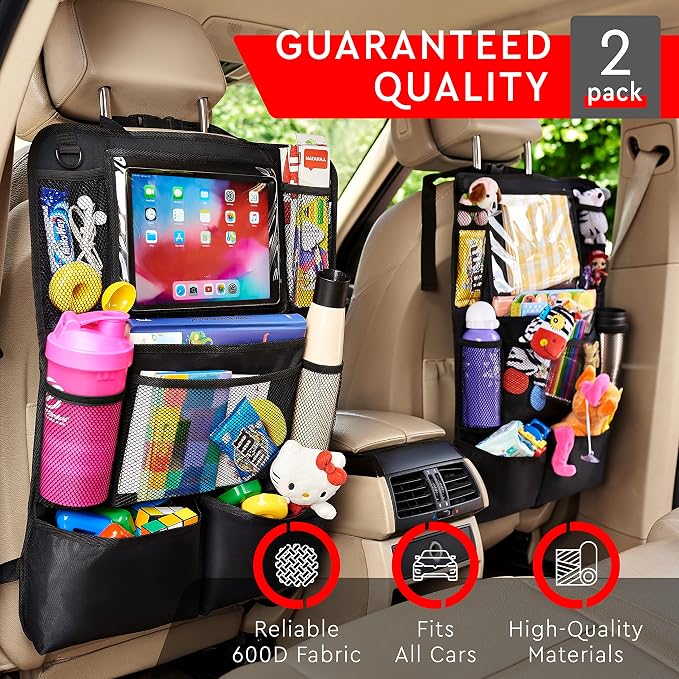 Backseat Car Organizer, Kick Mats Back Seat Protector with Touch Screen Tablet Holder, Back Seat Organizer for Kids with 9 Storage Pockets, Travel Accessories (2 Pack, Deep Pink)