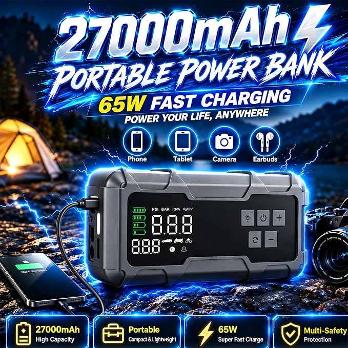 8000A Jump Starter with Air Compressor, Portable Tire Inflator, German-Tech Fast-Charging Power Bank Car Battery Booster for Car Owners Camping, Road Trips, Family Safety & Gift Giving (A3)