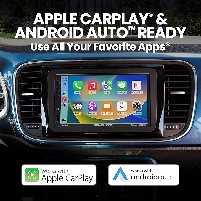 Elite BE7ACP Car Stereo - 7" Display, Apple CarPlay & Android Auto Head Unit, Double DIN Touch Screen Car Stereo, Bluetooth, AM/FM Radio Receiver, USB, SD, No CD/DVD Player