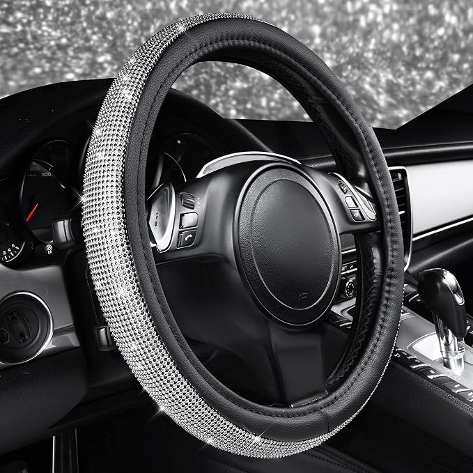 Bling Silver Diamond Leather Steering Wheel Cover, with Sparkly Crystal Glitter Rhinestone Universal Fit 13" 1/2-14" Small Car Wheel Protector for Women Girl Fit Car,SUV,Van,Sedan, Silver