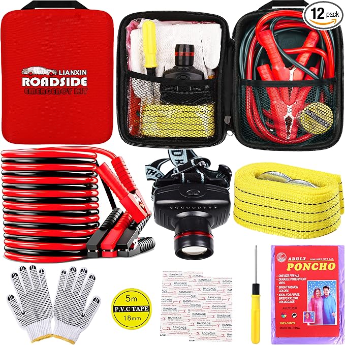 Roadside Emergency Kit Auto Safety Kit with Jumper Cables Headlamp | Gifts for New Drivers Storage Bag with Tow Rope, Gloves, Rainwear, Screwdriver,for Breakdowns, Travel and Winter Emergencies