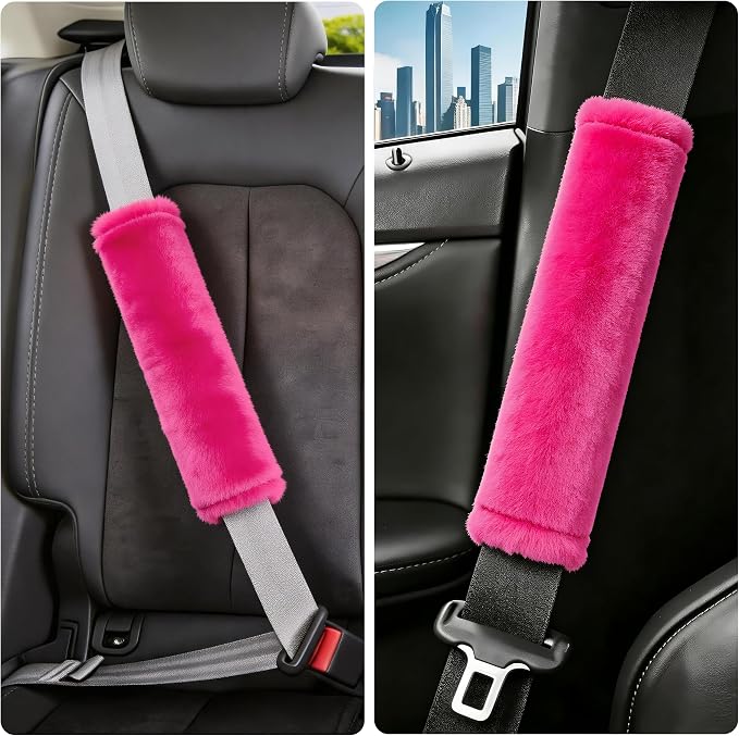 Soft Faux Fur Universal Fit Seatbelt Cover Car Truck SUV Airplane Seat Belt Shoulder Pad for Carmera Backpack Straps Neck Cushion Protector 2 Pack 10.5in Rose Red