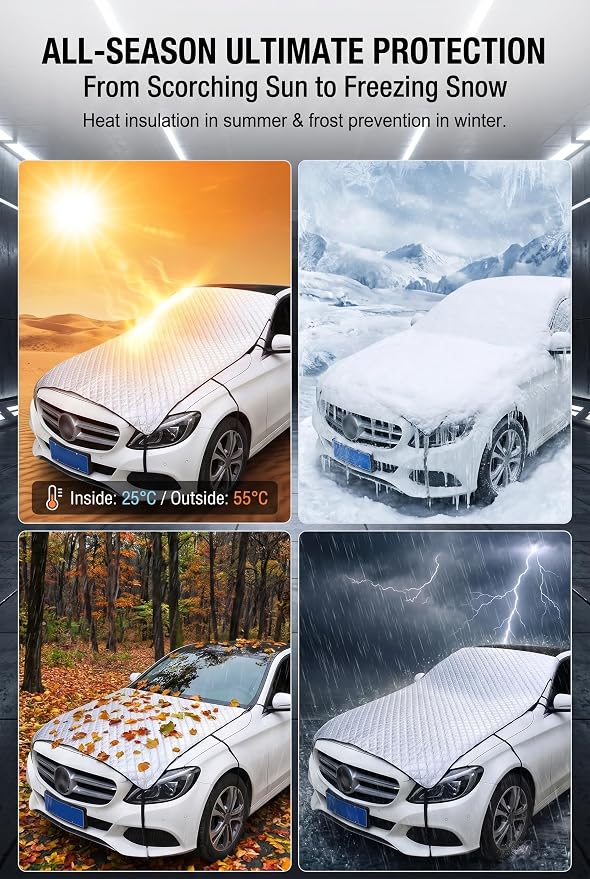 Half Car Cover, Windshield Cover for Ice and Snow, Aluminum Heat Block Foil Hood Covers, Universal Hail Protector Sunshade Automotive Covers