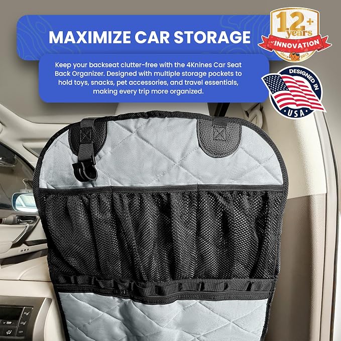 Car Seat Back Organizer – Heavy-Duty Kick Mat w/Mesh Storage Pockets, Bottle Hook – UV-Resistant Hardware – Waterproof Backseat Organizer for Kids & Pets – Fits SUVs, Trucks, Cars – Grey