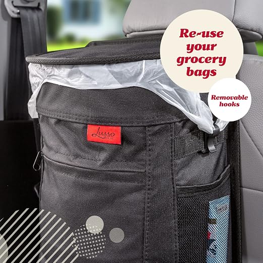 Spill-Proof Car Trash Can - Leak-Proof Lid & Removable Liner for Car Bin - Travel Organizer with Mesh Pockets - 2.5 Gal, Black w Red Stitching