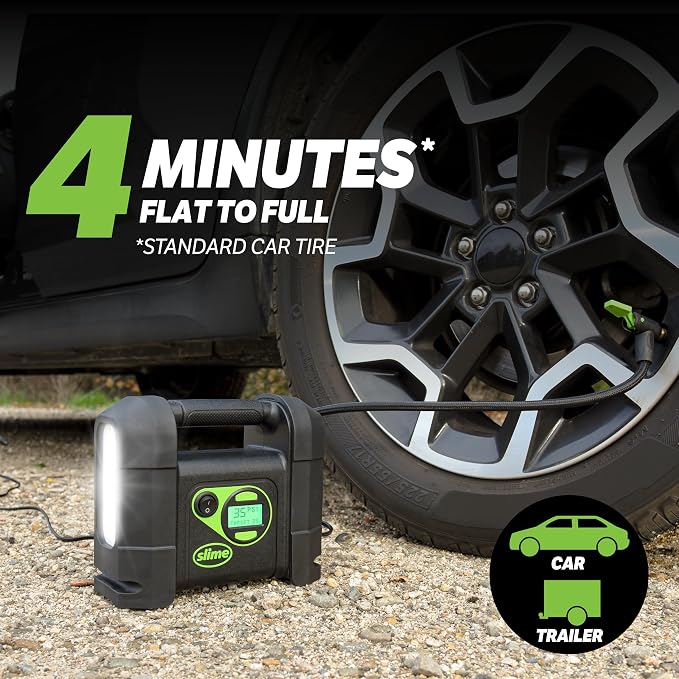 40047 Tire Inflator, Portable Car Air Compressor, Rugged, Inflate Right automatic shut off, with Digital 99 psi Display, Long Hose and LED Light, 12V, 4 min inflation