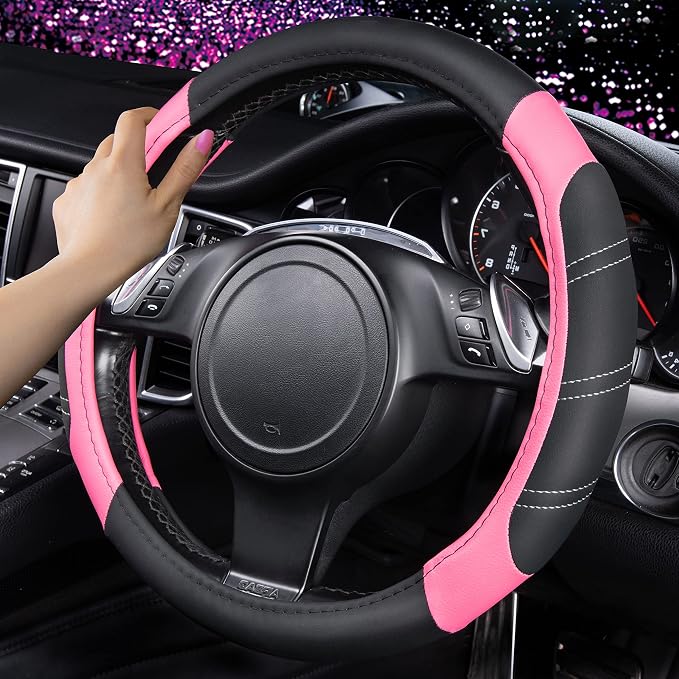Line Rider Microfiber Leather Sporty 14.5-15 inch Steering Wheel Cover Universal Fits for 95% Truck,SUV,Cars, Anti-Slip Safety Comfortable Design (Black Pink)