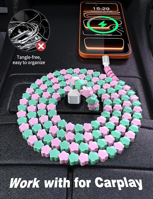 USB A to USB C Cable 6FT,Beaded Phone Charger Cord for iPhone 17 16 Pro Max 17e 15 Carplay,Cute TypeC Car Charger Charging Cord for iPad Pro 10 11/Samsung S26 S25 S24/Android Girl Women,PinkGreen Star