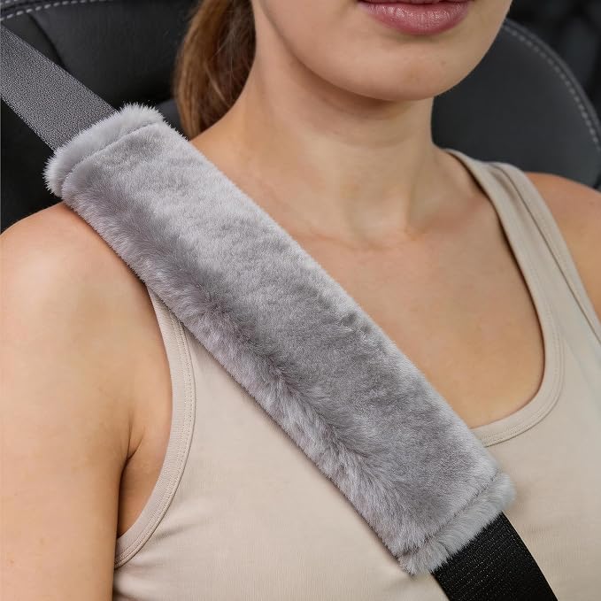 Soft Faux Fur Universal Fit Seatbelt Cover Car Truck SUV Airplane Seat Belt Shoulder Pad for Carmera Backpack Straps Neck Cushion Protector 2 Pack 10.5in Light Silver Grey