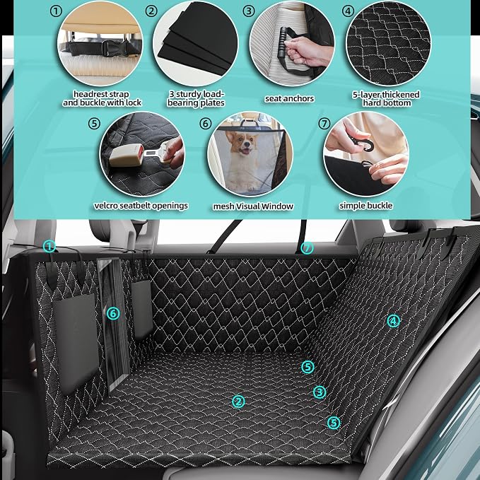 Dog Truck Seat Cover for Back Seat, Hard Bottom Pet Hammock for Car, Bed Extender for 2-4 Large Dogs, Waterproof Seat Protector, Universal XL Size Fits for Crew Cab Truck, SUV, Black