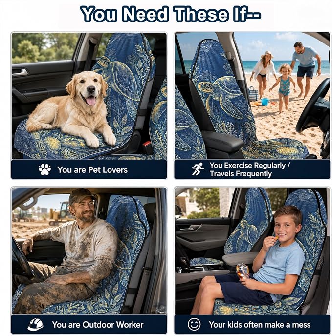 Car Seat Towel Cover 2 Pack for Front Seats, Sweat Absorbent Car Seat Protector with Non-Slip Backing, Waterproof Towel Car Seat Covers for Runners, Gym, Swimming, Beach, Vintage Sea Turtle