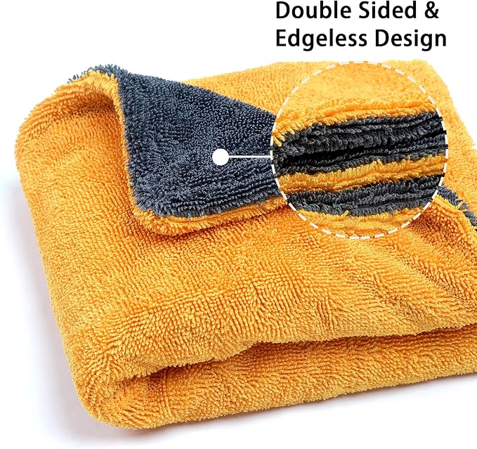 1000GSM Car Drying Towel 18"x24", Edgeless Double Twist Pile, Ultra Absorbent Microfiber Towel, Scratch-Free Lint-Free Streak-Free for Auto Detailing & Car Wash – Yellow&Grey