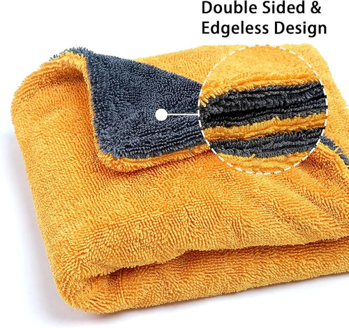 1000GSM Car Drying Towel 18"x24", Edgeless Double Twist Pile, Ultra Absorbent Microfiber Towel, Scratch-Free Lint-Free Streak-Free for Auto Detailing & Car Wash – Yellow&Grey