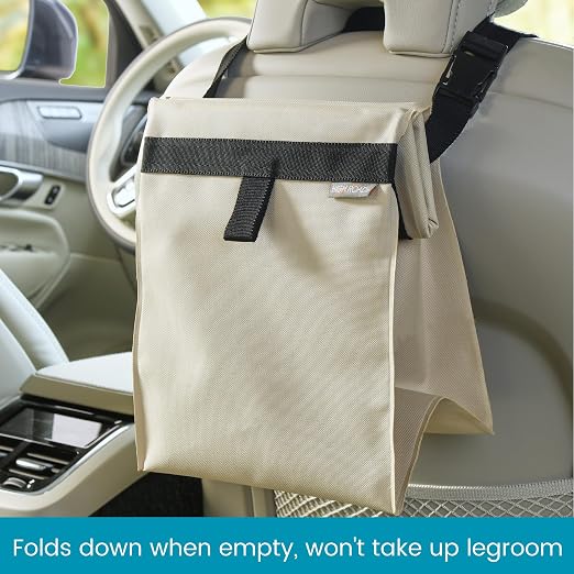 TrashStash Hanging Car Garbage Bag with Push-Close Lid and Waterproof Bin for Cars, SUVs and Trucks - Holds 3 Gallons of Car Trash, Tan