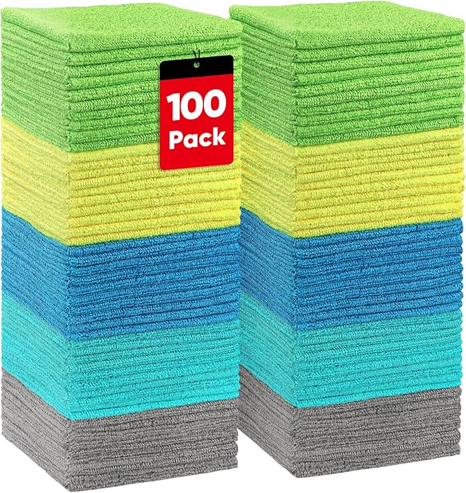 Microfiber Cleaning Cloths, 100 Pack Microfiber Towels for Cars, Lint & Scratch-Free Bulk Cleaning Rags for House, Kitchen, Car and Shop, Multicolor Absorbent Cleaning Towels 11.5 x 11.5 inch